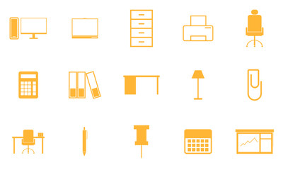 Office Equipment Icon Set, Flat Office Icons, Workplace Equipment Vectors, Stationery and Office Furniture Symbols