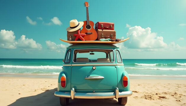 A vintage van loaded with gear on the beach, ready for a summer adventure. - Powered by Adobe