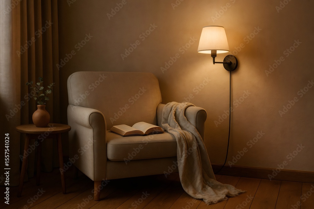 Poster open book resting on comfortable armchair in cozy reading nook illuminated by warm wall lamp, creati