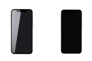 Two Smartphones Standing Upright with Blank Screens, Minimal Tech Display, isolated on a transparent background