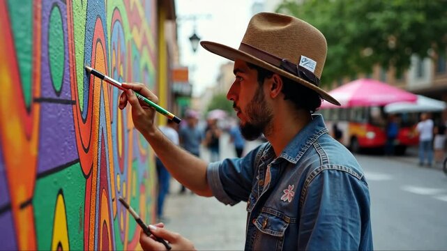 A detailed shot of a street artist painting a mural inspired by Mexican heritage, vibrant colors and intricate designs coming from latin history. Cinco de Mayo. Independence Day. Fiesta and festival.