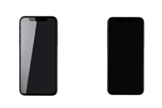Two Smartphones Standing Upright with Blank Screens, Minimal Tech Display, isolated on a transparent background