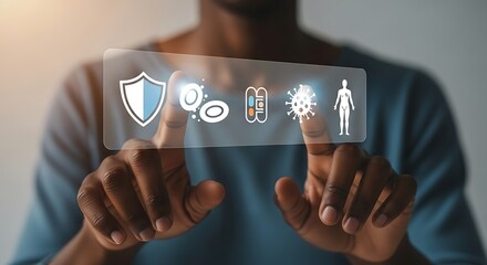Person Touching Glowing Virtual Medical Interface with Health Icons