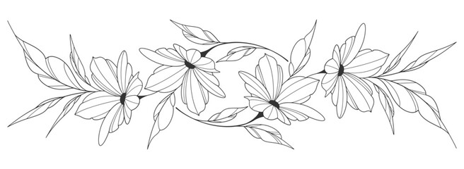 flower and leaves drawing. Vector hand drawn engraved floral card. Botanical, branch and flower Black ink sketch. Great for tattoo, invitations, greeting cards, decor
