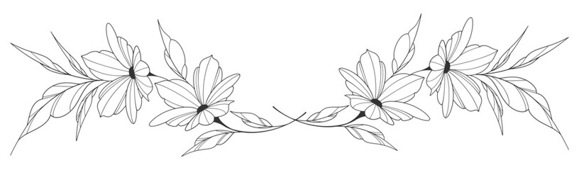 flower and leaves drawing. Vector hand drawn engraved floral card. Botanical, branch and flower Black ink sketch. Great for tattoo, invitations, greeting cards, decor