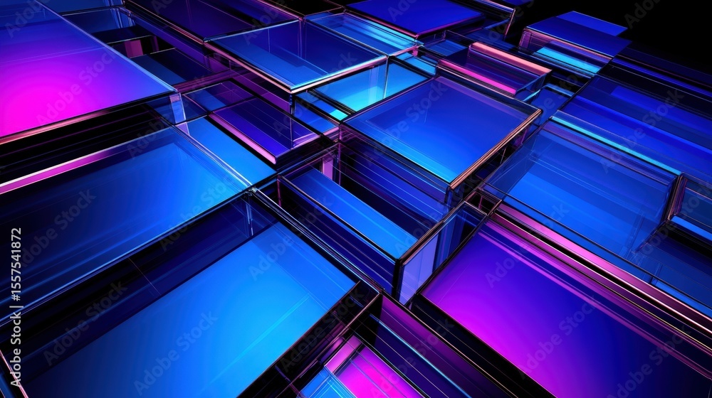 Poster abstract 3d rendering of translucent blue and purple rectangular blocks creating a futuristic, geome