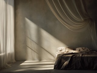 A bed with two pillows and a curtain over the window. The curtain is white. The room is empty