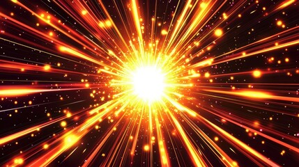 Fototapeta premium A bright, fiery explosion emitting radiant orange and yellow beams with sparkling particles against a dark background.