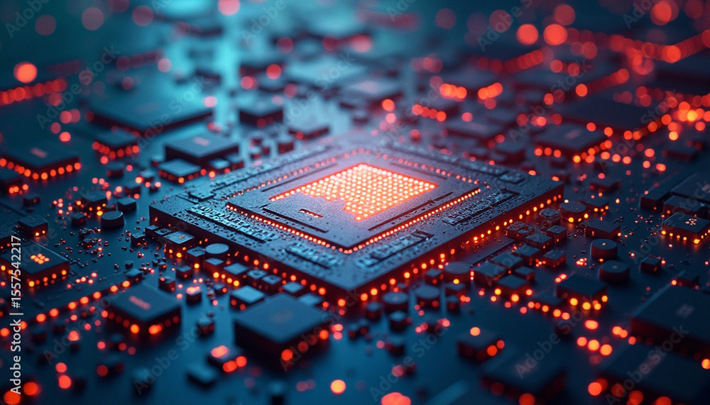 Poster detailed depiction of a glowing computer processor and its integrated circuitry close-up view