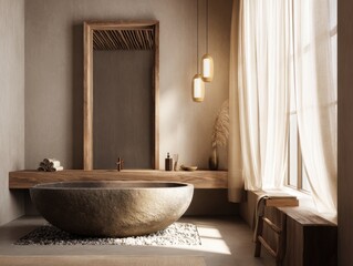 A bathroom with a large bathtub and a mirror. There is a bench in the bathroom