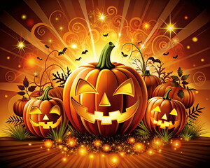 Festive Halloween Scene with Jack O Lanterns and Bats in the Air