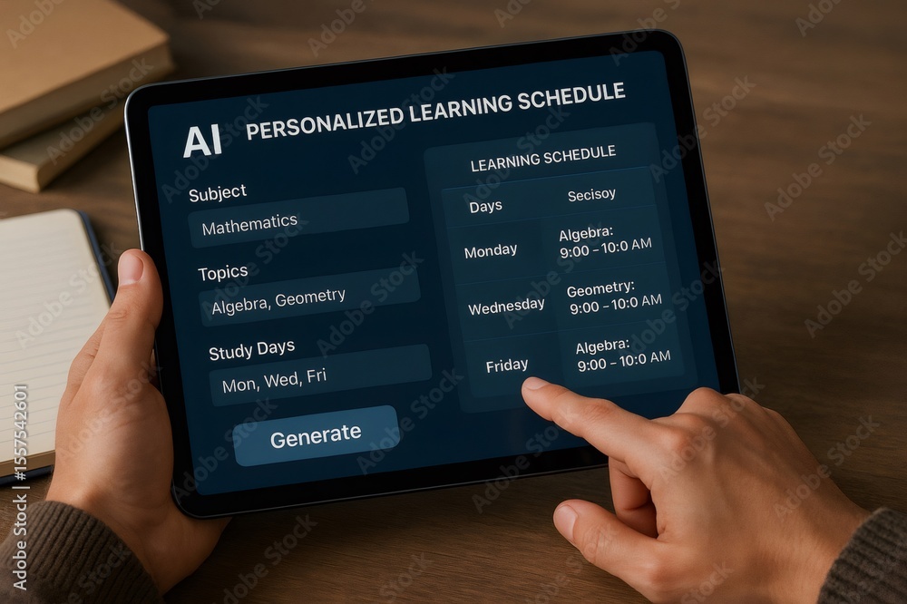Poster student interacting with a tablet displaying an ai powered personalized learning schedule for mathem