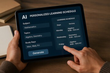 Student interacting with a tablet displaying an AI powered personalized learning schedule for mathematics, highlighting the integration of technology in education