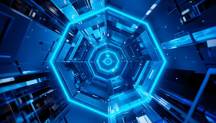 Cinematic neon blue glowing hexagon grid, 3D abstract technology background