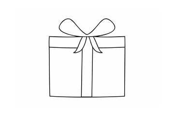 Simple black and white line art illustration of a wrapped gift box with a bow