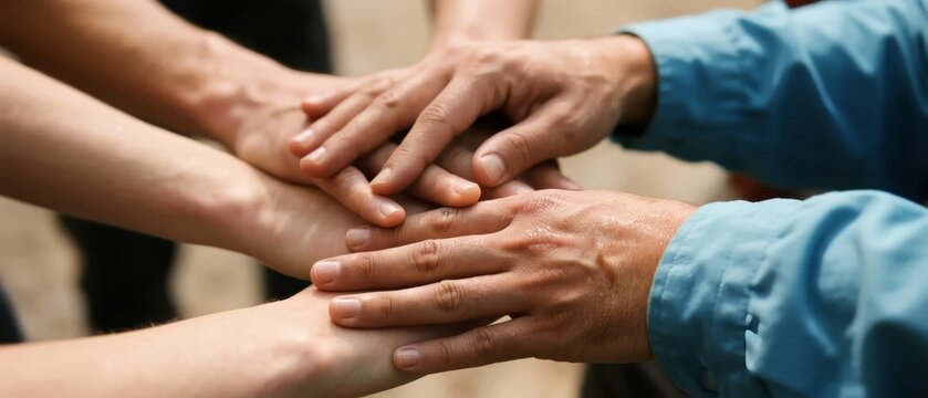 Group of hands overlapping in a circle, symbolizing unity and teamwork.