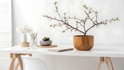 Minimalist White Workspace with Wooden Pot and Blooming Branch
