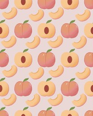Peach Fruit Pattern with Pink Background in Cute Hand-Drawn Style for Fabric or Wrapping Paper