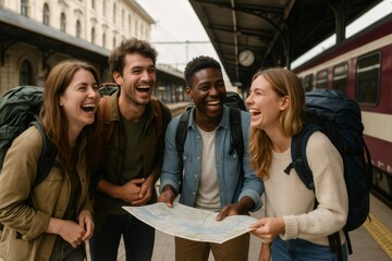 Four cheerful backpackers holding a map and laughing together in a train station, enjoying their travel adventure