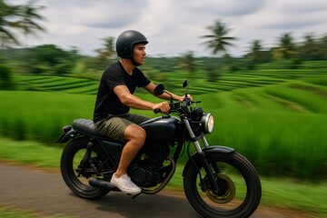 Obraz premium Young man wearing helmet riding classic motorcycle along Balinese rice paddies enjoying freedom and adventure