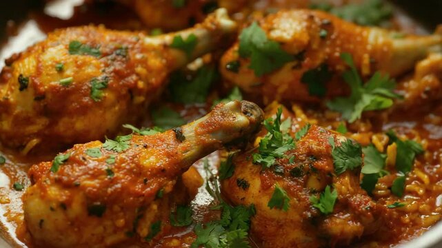 Chicken pieces in a rich tomato sauce, seasoned with herbs and spices. This hearty curry is garnished with fresh parsley and cilantro. Great served over basmati rice.