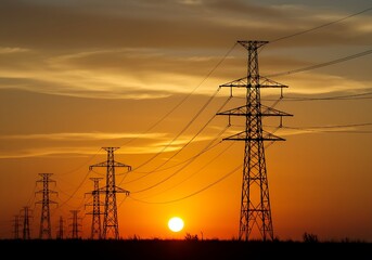 Fototapeta premium High-Voltage Power Lines at Sunset — Silhouette of Electric Transmission Towers Against Vibrant Sky