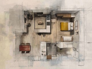 A drawing of a small apartment with a kitchen, living room, and bedroom. The kitchen has a stove and a sink