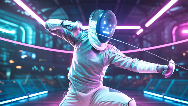 Fencer in futuristic arena with neon lights and holographic display