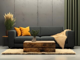 Modern Cozy Living Room with Stylish Sofa, Textured Blanket, and Natural Decor Elements
