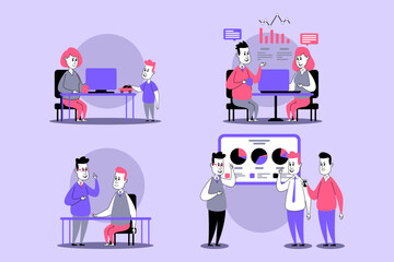 Professionals engaged in discussions and teamwork at various desks, sharing ideas and analyzing data in vibrant, modern office environment while utilizing technology and resources effectively