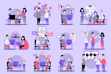 Visual representation of various workplace collaboration activities. People working together at desks, engaging in discussions, and presenting ideas in modern office environment