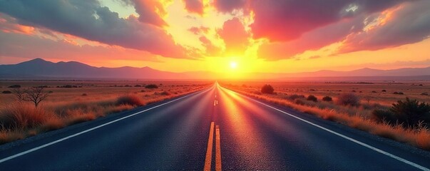 Endless Asphalt Road to Vibrant Sunrise Horizon Peaceful Travel and Adventure