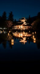 Obraz premium Serene Temple at Night Illuminated Reflection on a Tranquil Lake with Lanterns and Architectural Beauty Under a Dark Sky