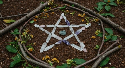 Pentagram made of crystals, adorned with branches and flowers. Spiritual energy and natural ritual concept. Create a mysterious atmosphere for an esoteric spiritual ritual, card, or post about magic.
