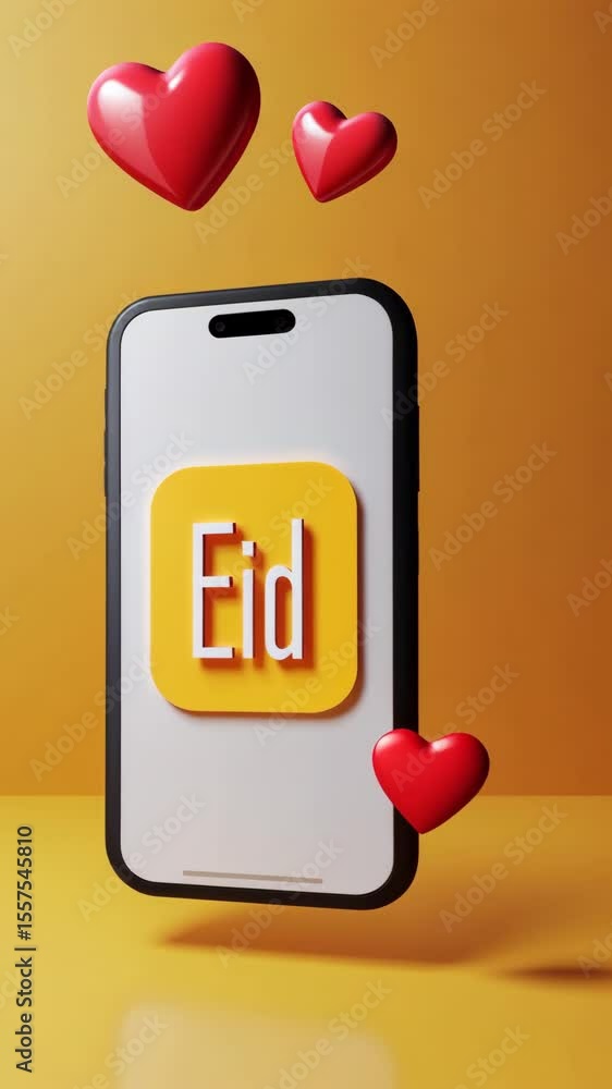Poster a modern 3d icon of a smartphone displaying eid greetings with floating emoji hearts above it in chi