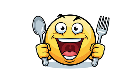 Hungry Emoji Cartoon Character Holding a Spoon and Fork Isolated on White Background