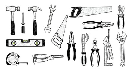 Hand drawn monochrome vector illustration collection of construction tools set