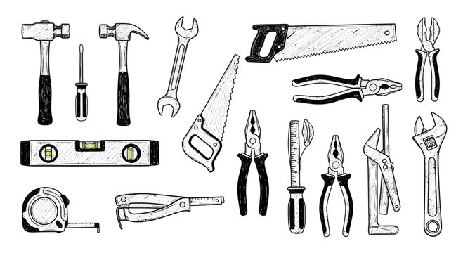 Hand drawn monochrome vector illustration collection of construction tools set