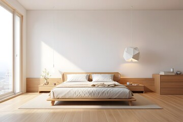 A bright bedroom with a wooden bed frame and white bedding in a minimalist design aesthetic style room