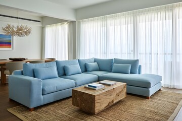 A light blue sectional sofa with pillows in a living room with wood coffee table and sheer curtains