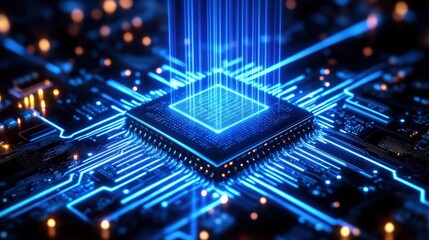 Fototapeta premium A glowing microchip on a circuit board illuminates with blue light, showcasing futuristic technology and digital connectivity.