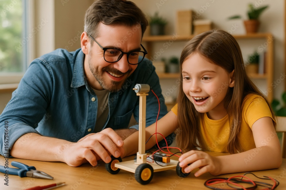 Poster father and daughter bonding while joyfully building a robot together from a kit, fostering creativit