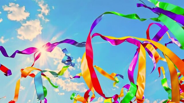 abstract wonder and joy colorful rainbow ribbons in the sky blue background.