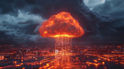 Fiery Cloud Computing Digital Rain Over Cyberpunk City, 3D Render, Network, Data Cloud Computing, Data Transfer
