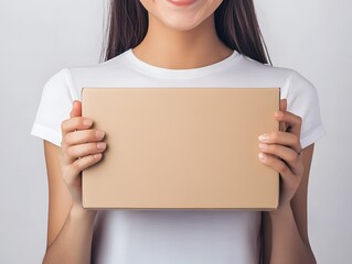 woman holding product box and smiling at camera, clean studio background for product ad 
