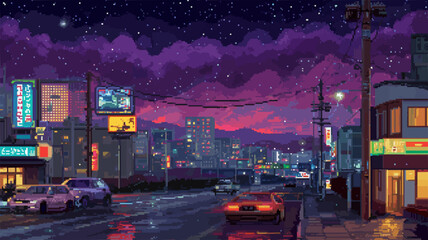 Pixel Art City Skyline at Night with Neon Signs Cars on the Street and a Purple Starry Sky