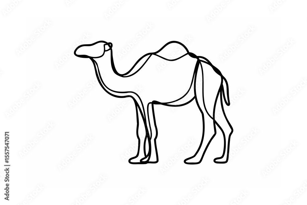 Poster simple single line drawing of a camel in a standing position on a white background