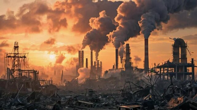 Air pollution from destroyed factories. Post-apocalypse concept.