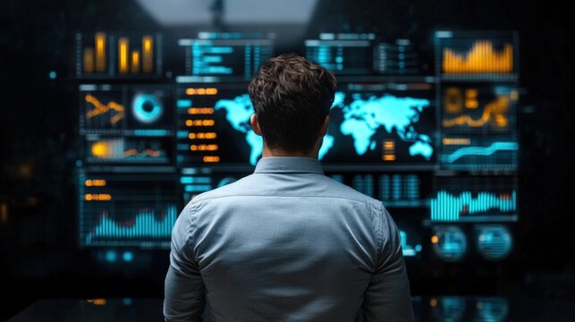 A man analyzes global data and financial charts on multiple digital screens in a high-tech control room. - Powered by Adobe