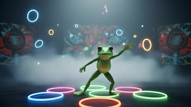 Frog dancing solo at jungle EDM festival with tribal lights and fog